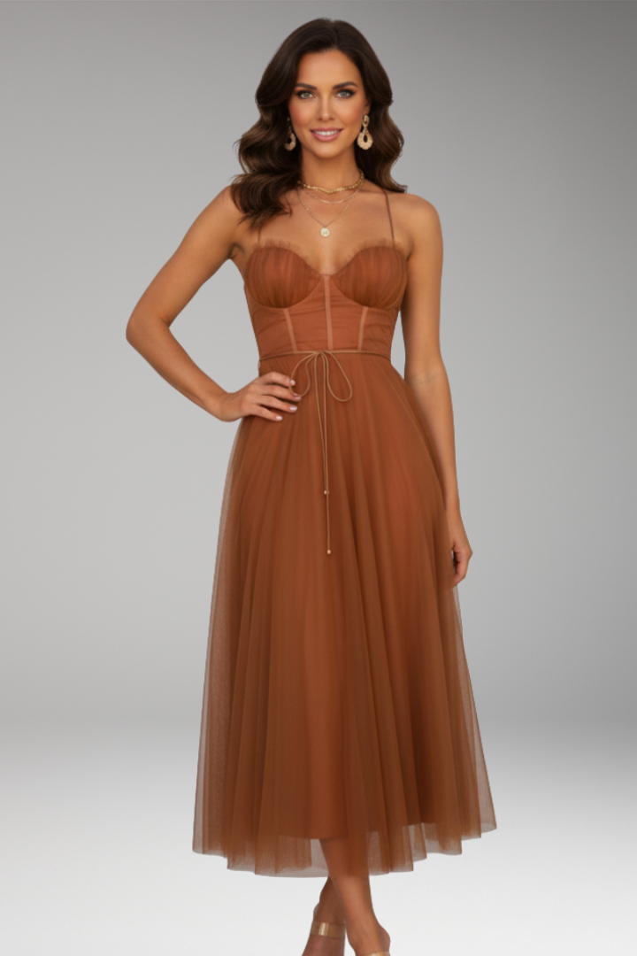 Women's Midi Dress with Spaghetti Straps and Tulle Skirt
