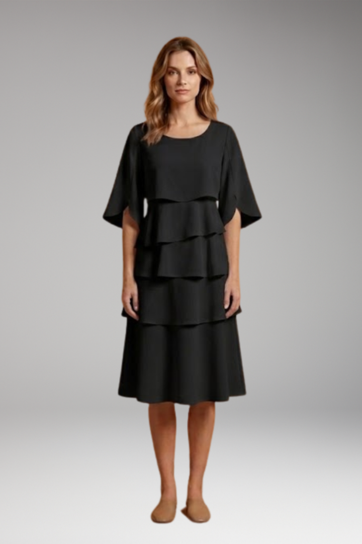 Women's Midi Dress with Split Sleeves and Ruffle Accents