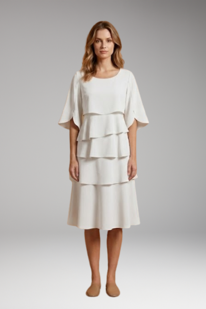 Women's Midi Dress with Split Sleeves and Ruffle Accents