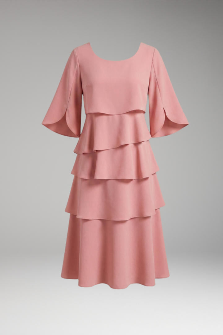 Women's Midi Dress with Split Sleeves and Ruffle Accents