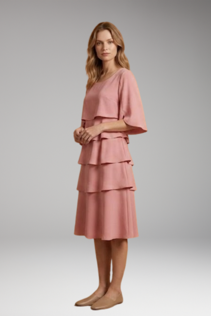 Women's Midi Dress with Split Sleeves and Ruffle Accents
