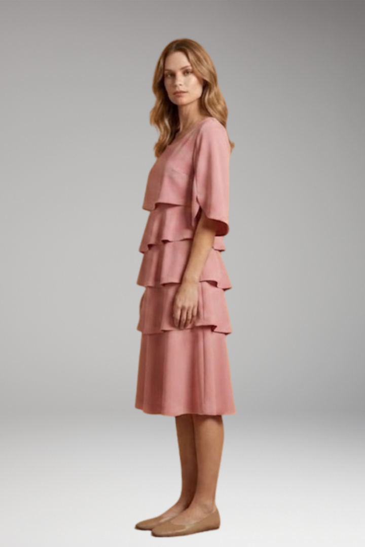 Women's Midi Dress with Split Sleeves and Ruffle Accents