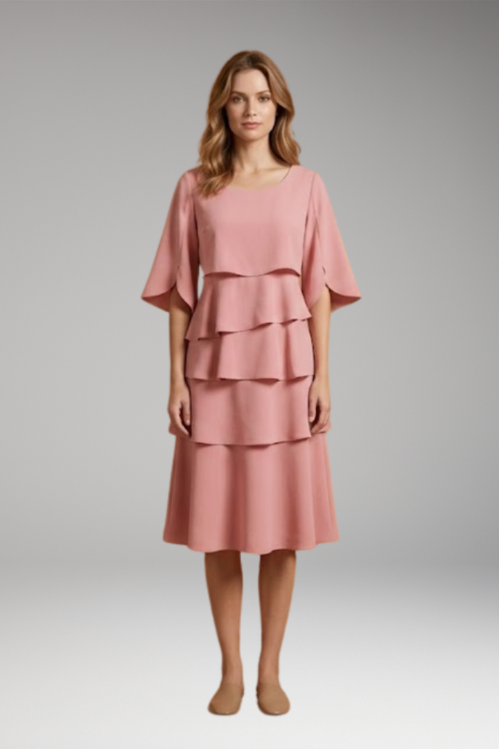 Women's Midi Dress with Split Sleeves and Ruffle Accents