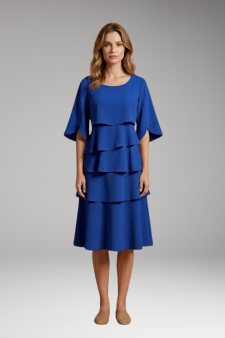 Women's Midi Dress with Split Sleeves and Ruffle Accents