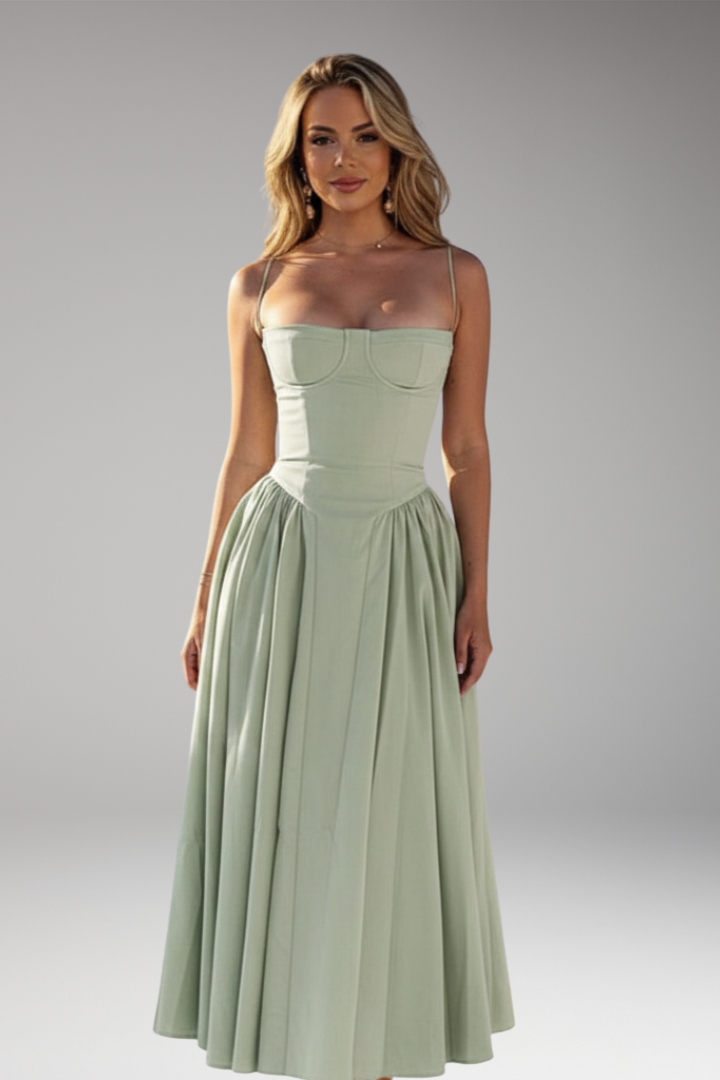 Women's Midi Dress with Strap Bodice and Pleated Skirt