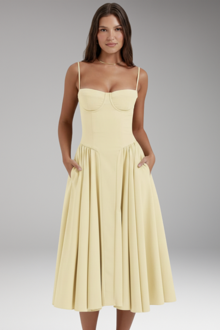 Women's Midi Dress with Strap Bodice and Pleated Skirt