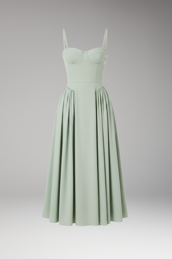 Women's Midi Dress with Strap Bodice and Pleated Skirt
