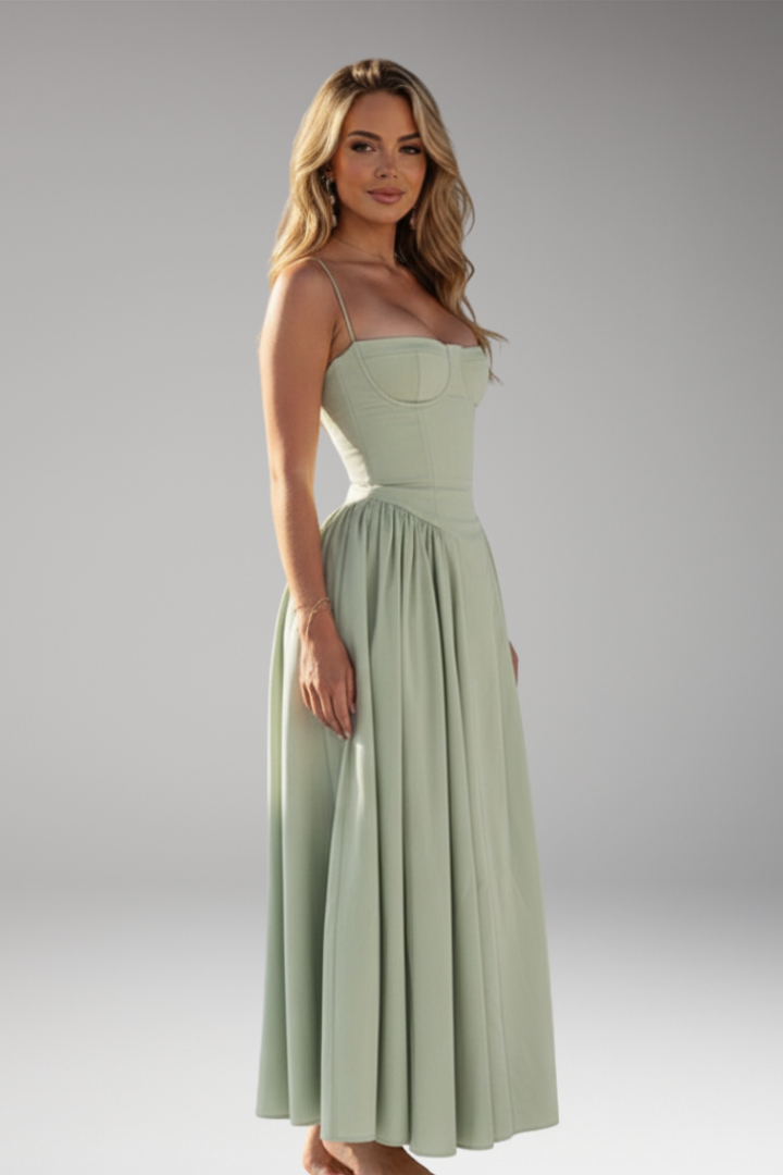 Women's Midi Dress with Strap Bodice and Pleated Skirt