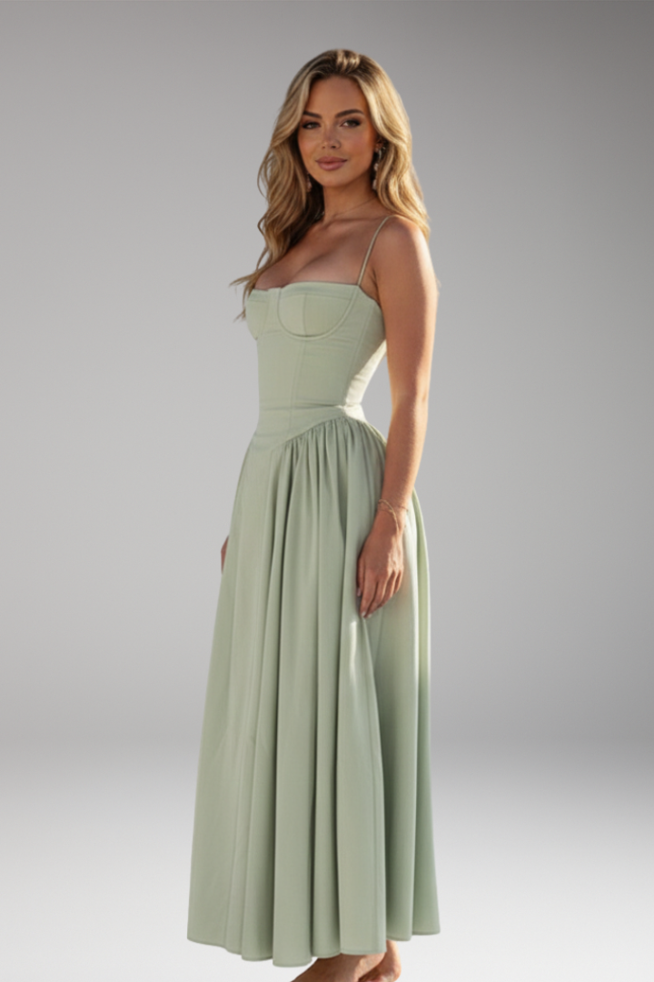 Women's Midi Dress with Strap Bodice and Pleated Skirt