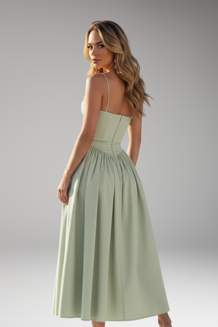 Women's Midi Dress with Strap Bodice and Pleated Skirt
