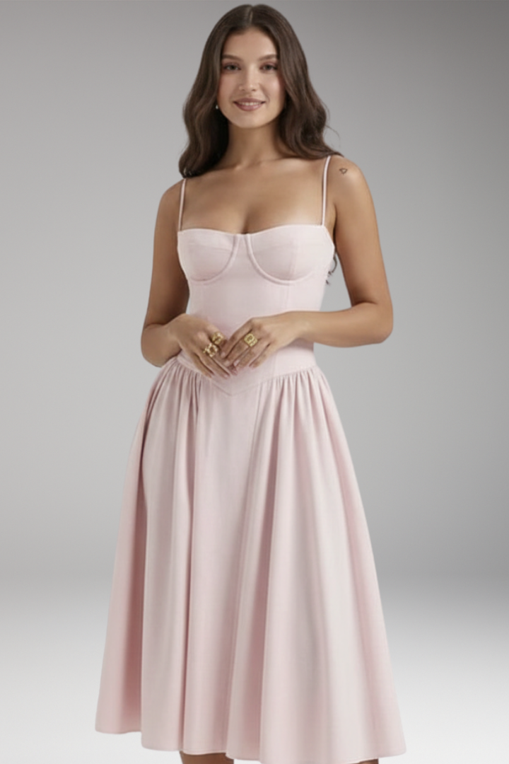 Women's Midi Dress with Strap Bodice and Pleated Skirt