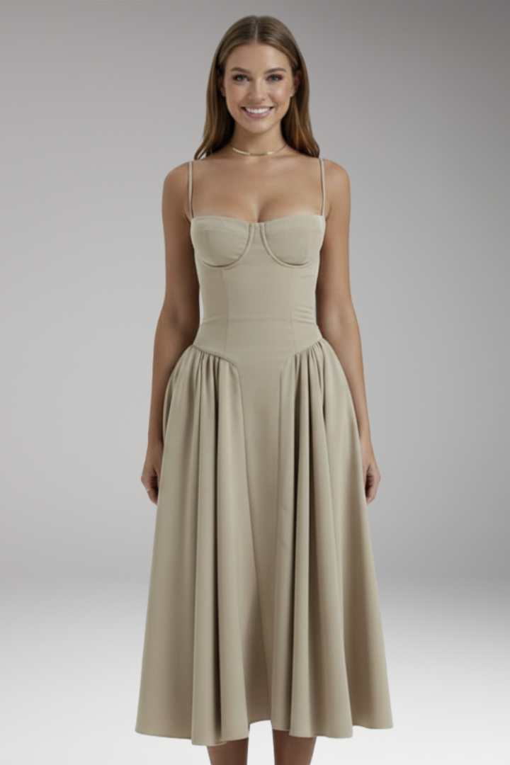 Women's Midi Dress with Strap Bodice and Pleated Skirt