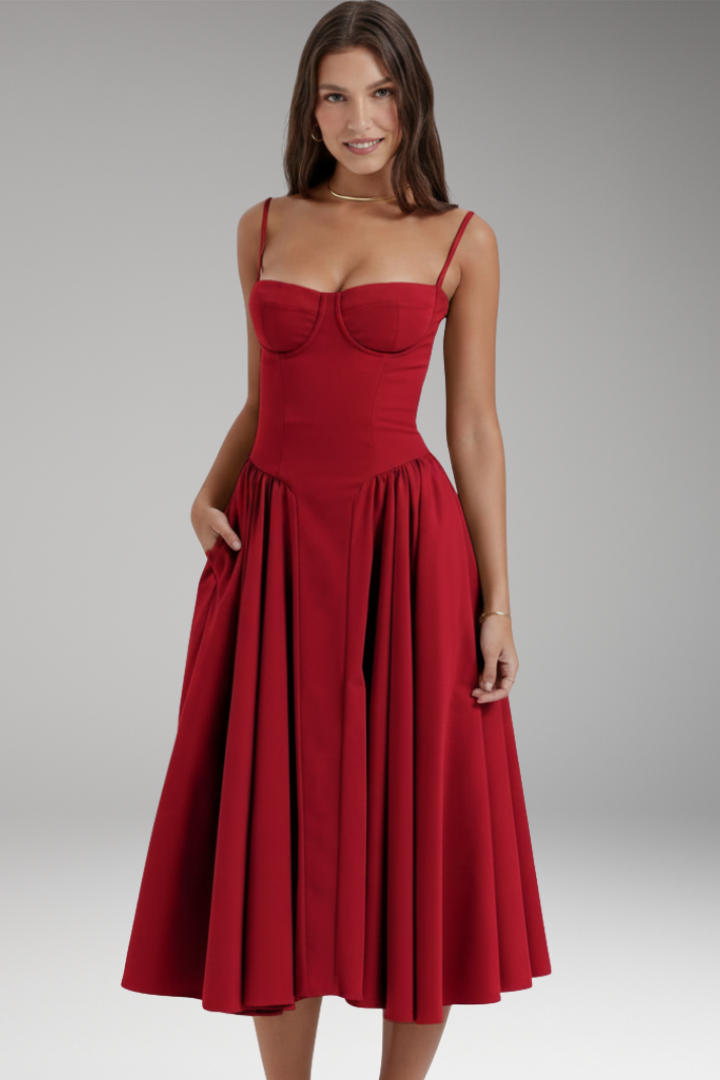 Women's Midi Dress with Strap Bodice and Pleated Skirt