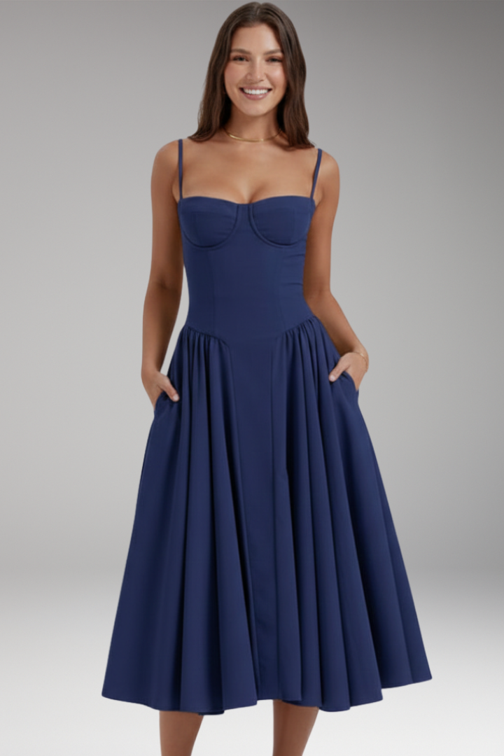 Women's Midi Dress with Strap Bodice and Pleated Skirt