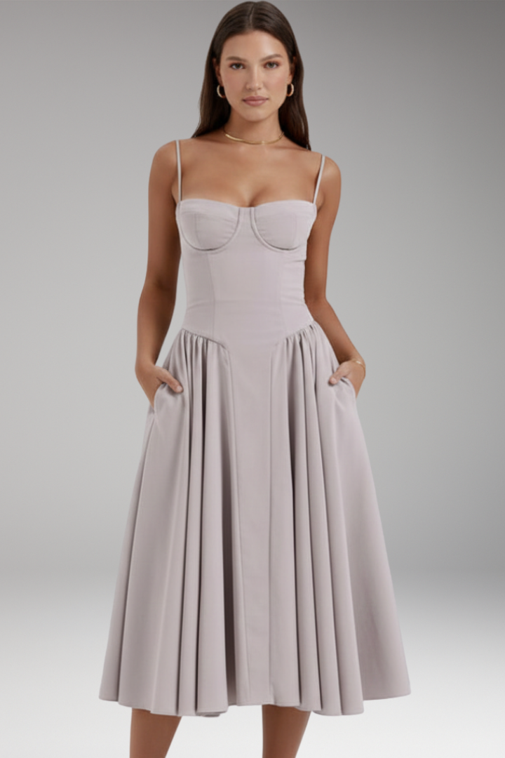 Women's Midi Dress with Strap Bodice and Pleated Skirt