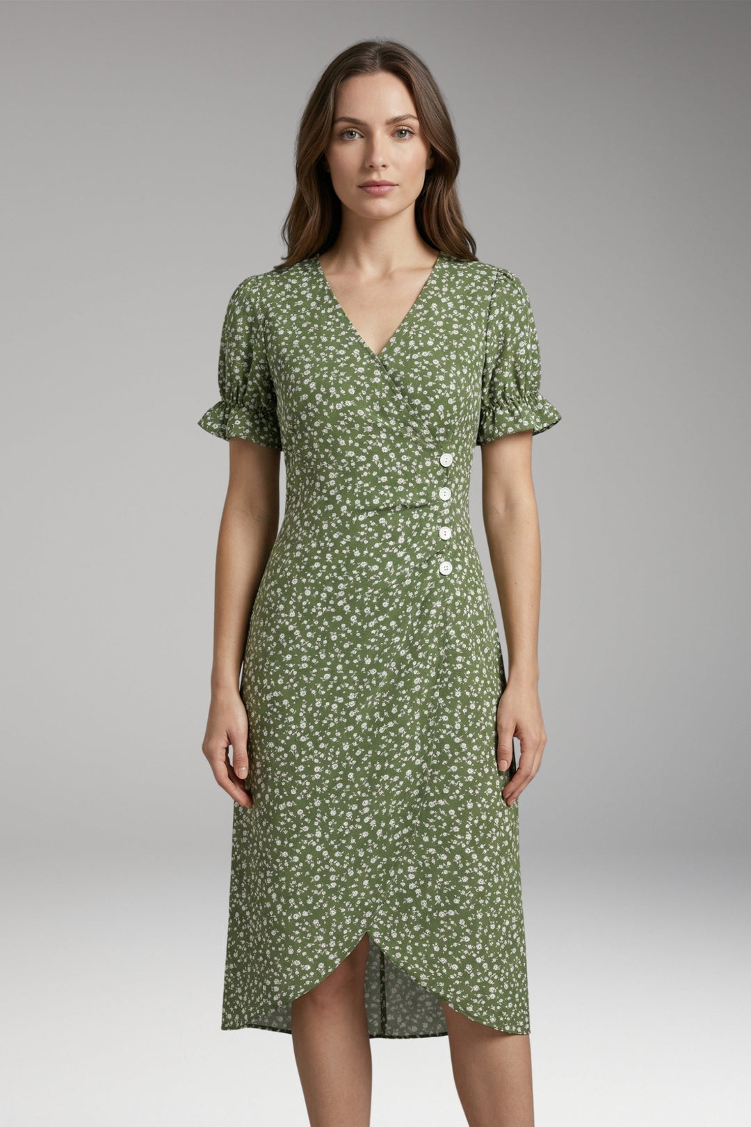Women’s Midi Dress with V-Neck and Wrap Design