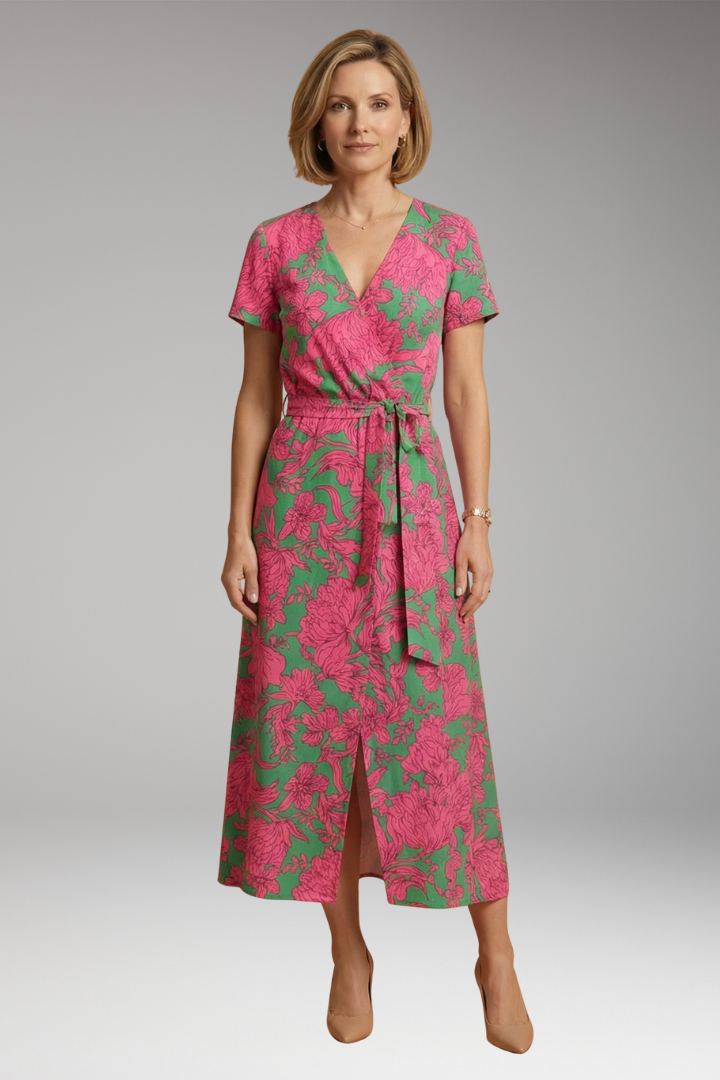 Women's Midi Dress with V-Neckline and Floral Pattern