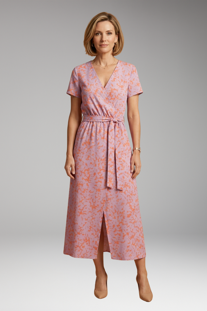 Women's Midi Dress with V-Neckline and Floral Pattern