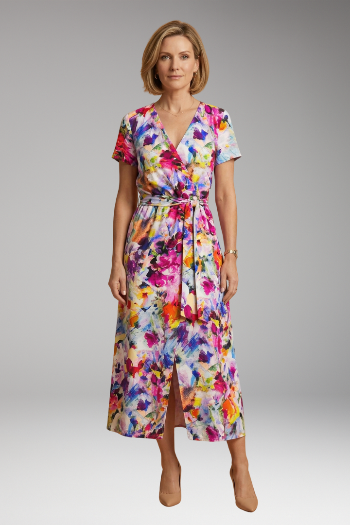Women's Midi Dress with V-Neckline and Floral Pattern
