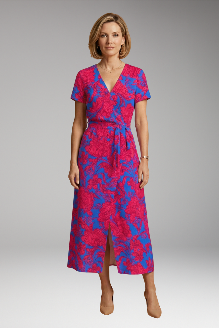 Women's Midi Dress with V-Neckline and Floral Pattern