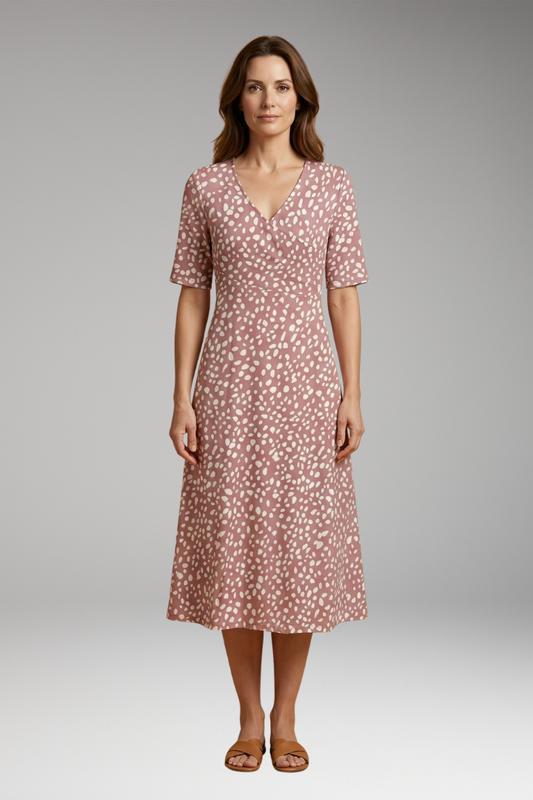 Women's Midi Dress with V-Neckline and Polka Dot Print