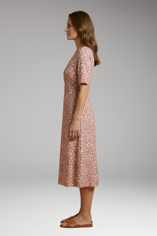 Women's Midi Dress with V-Neckline and Polka Dot Print