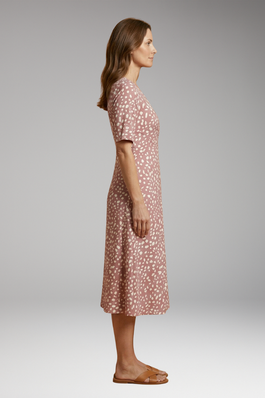 Women's Midi Dress with V-Neckline and Polka Dot Print