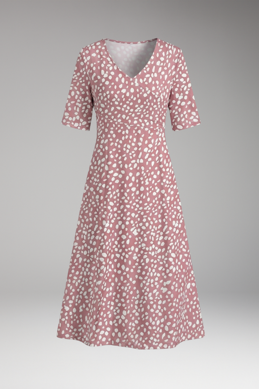 Women's Midi Dress with V-Neckline and Polka Dot Print