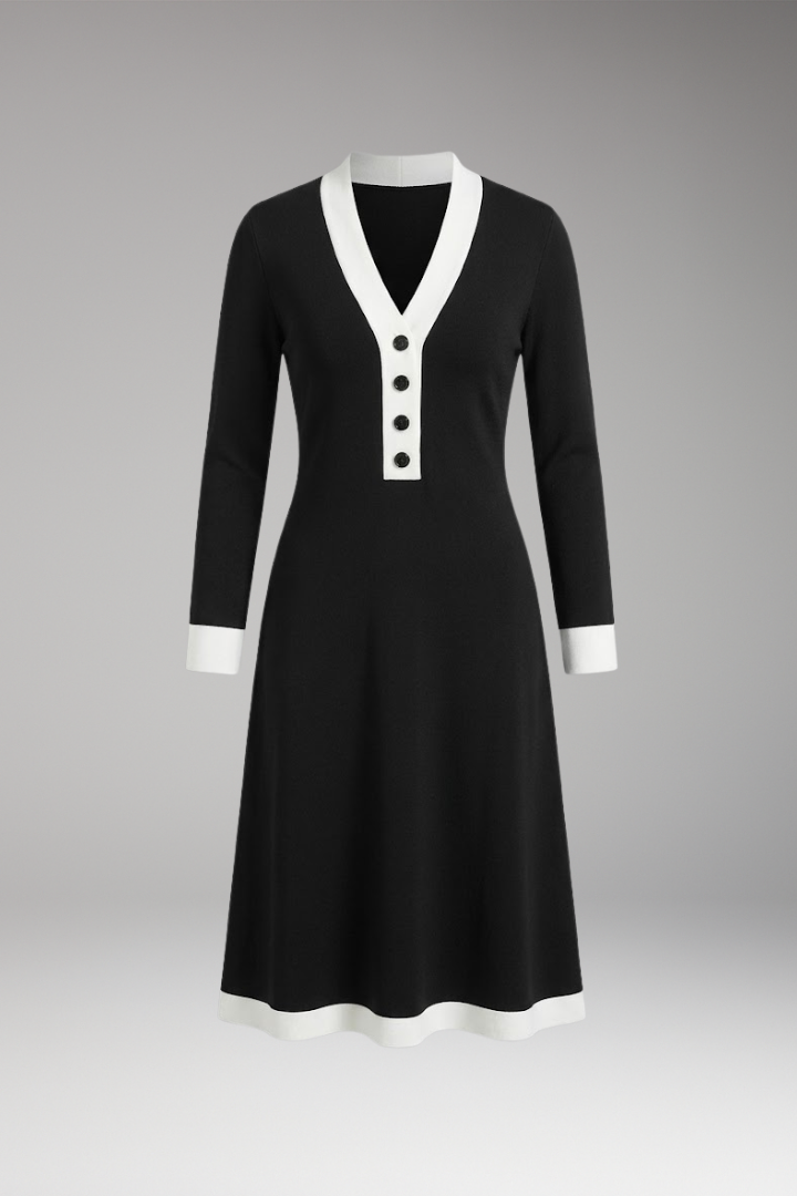 Women’s Midi Dress with V Neck and Button Detail
