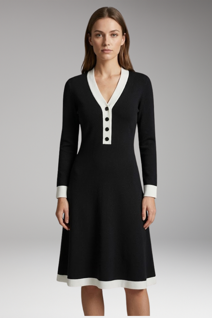 Women’s Midi Dress with V Neck and Button Detail