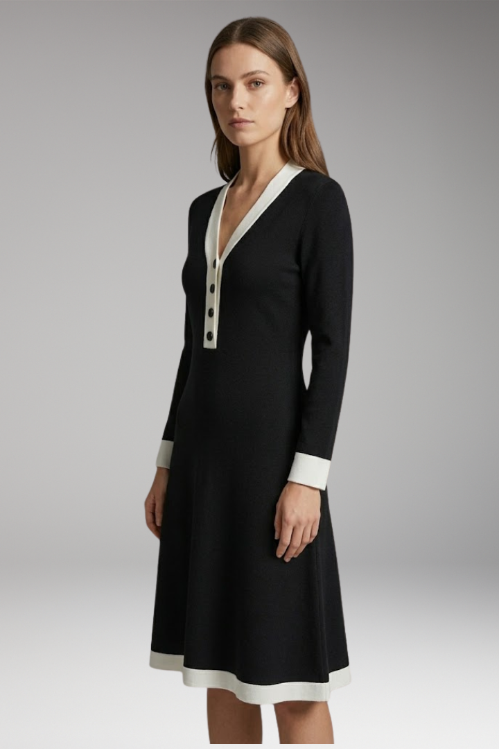 Women’s Midi Dress with V Neck and Button Detail