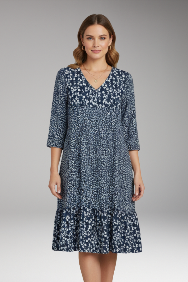 Women's Midi Dress with V Neck and Floral Pattern