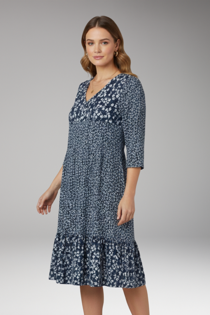 Women's Midi Dress with V Neck and Floral Pattern