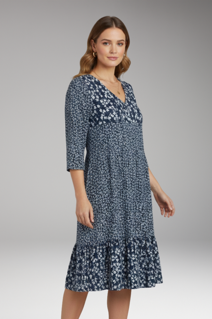 Women's Midi Dress with V Neck and Floral Pattern