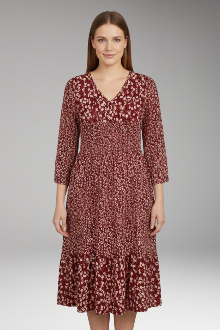 Women's Midi Dress with V Neck and Floral Pattern