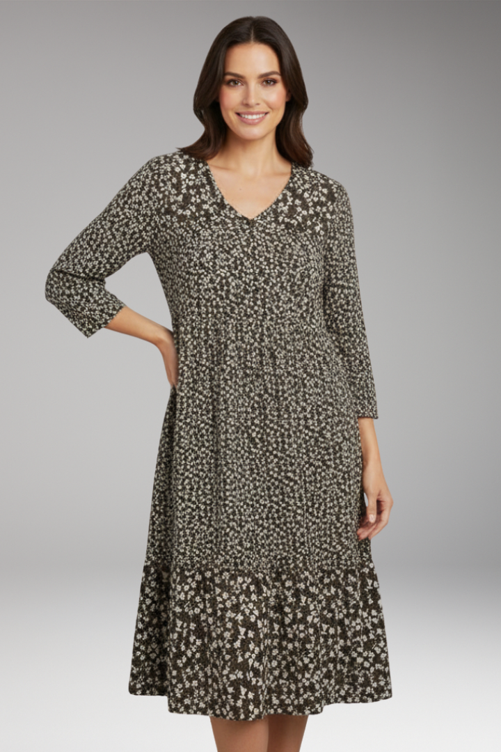 Women's Midi Dress with V Neck and Floral Pattern