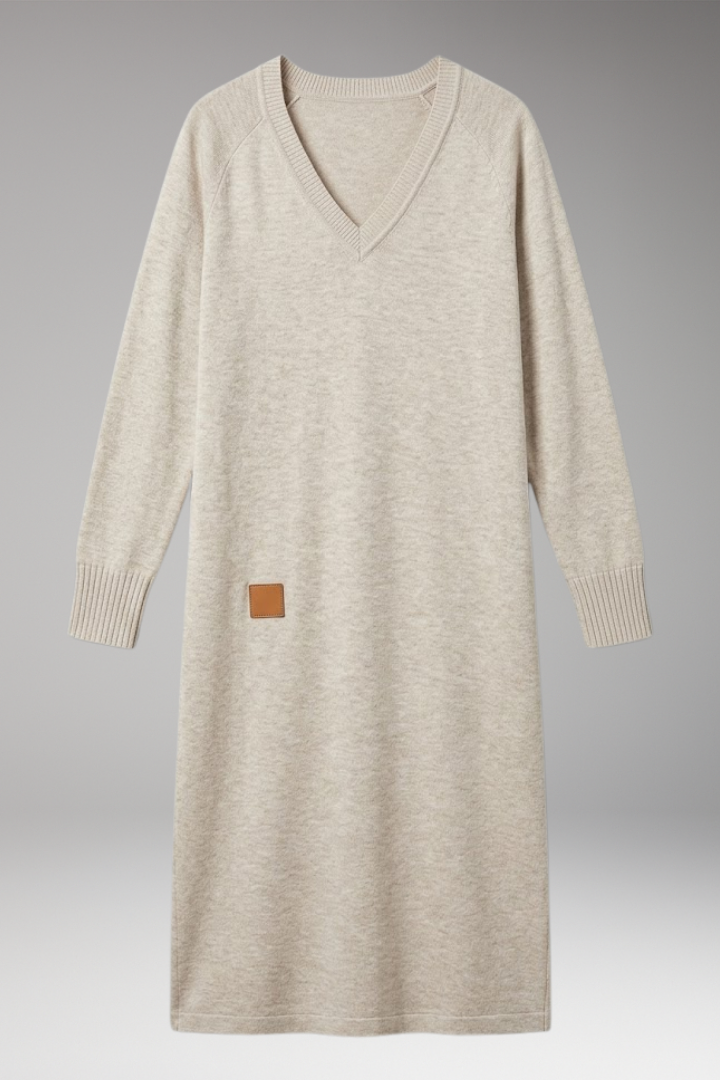 Women’s Midi Dress with V Neck and Side Pockets