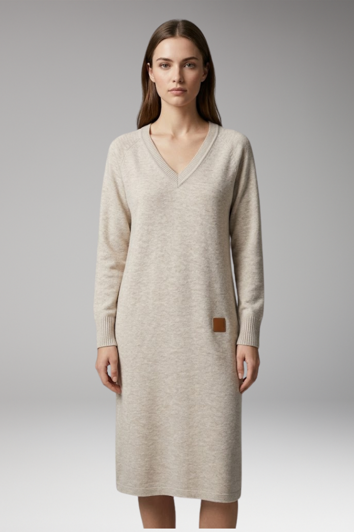 Women’s Midi Dress with V Neck and Side Pockets