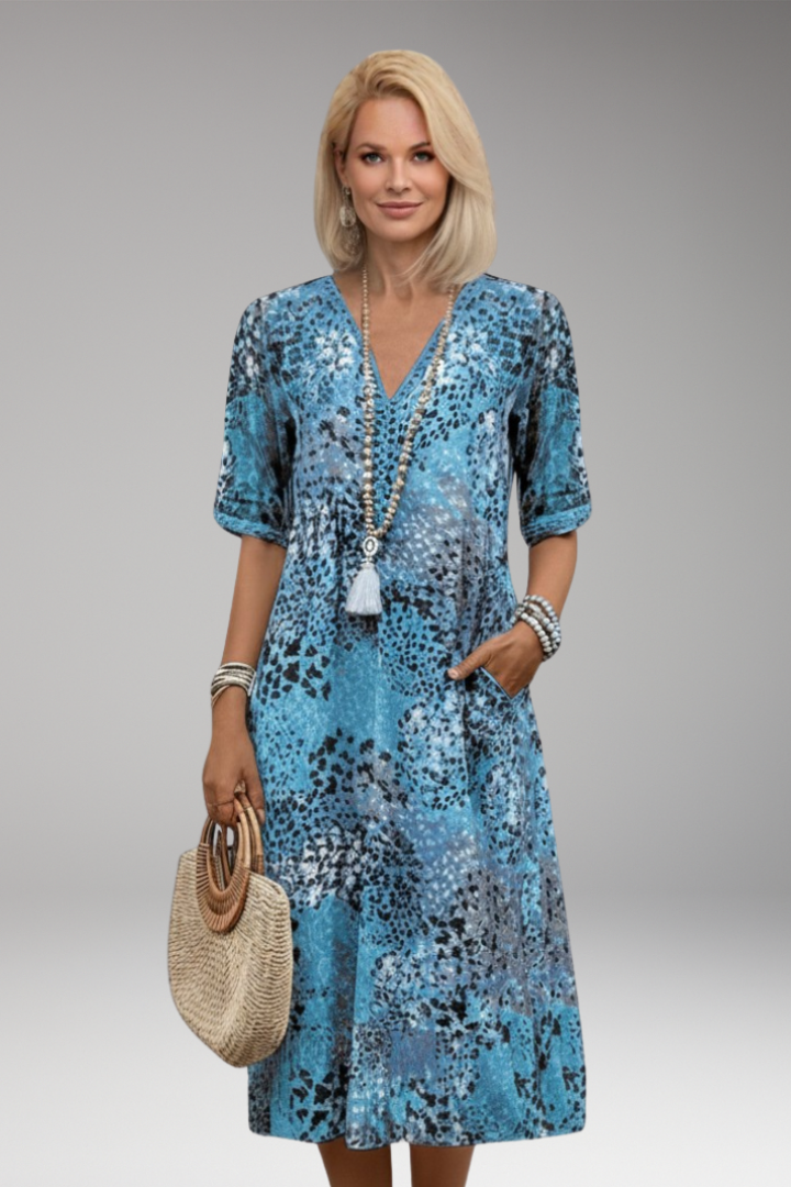 Women's Midi Dress with V Neck and Side Pockets