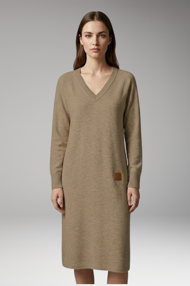 Women’s Midi Dress with V Neck and Side Pockets