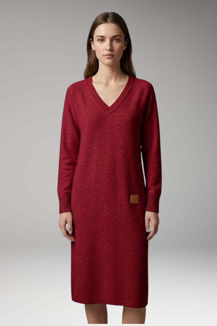 Women’s Midi Dress with V Neck and Side Pockets