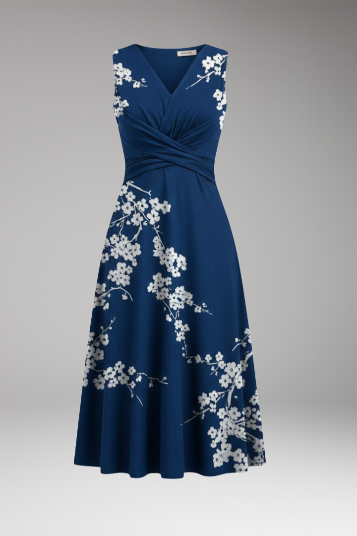 Women's Midi Dress with V Neck and Sleeveless Design