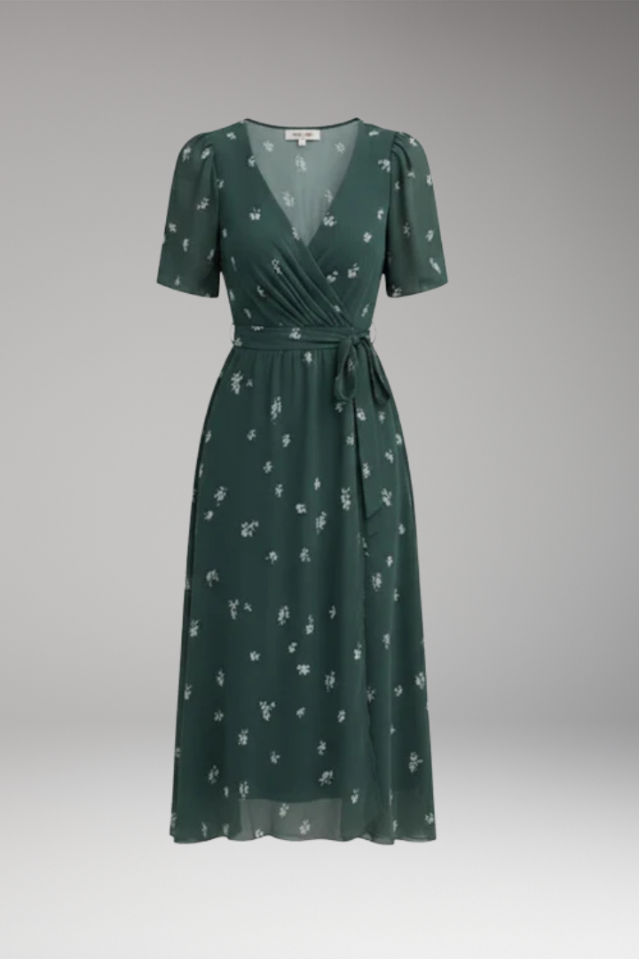 Women's Midi Dress with V Neck and Waist Tie