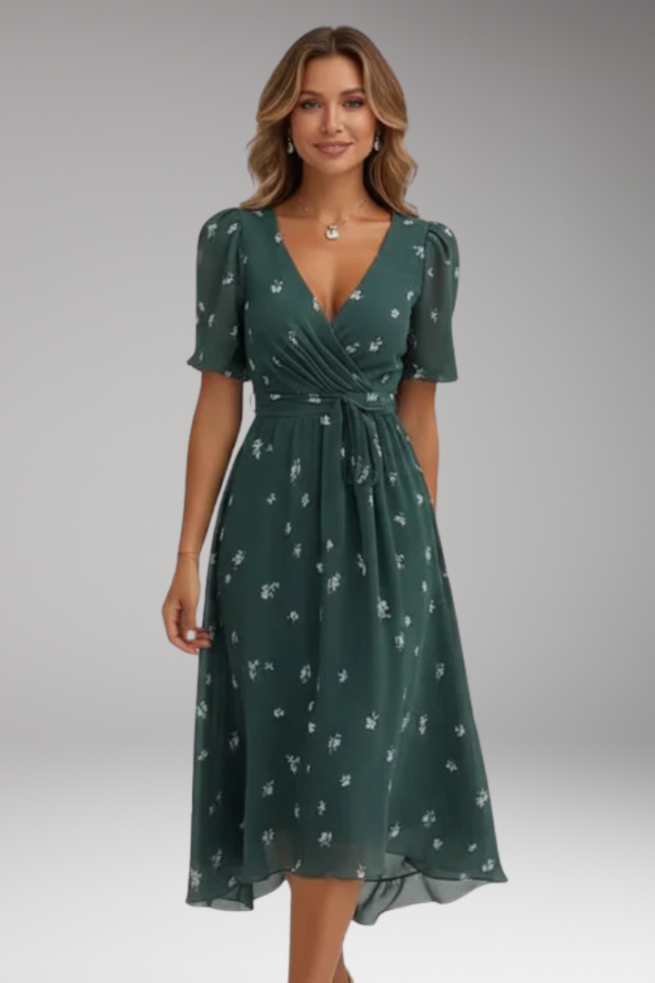 Women's Midi Dress with V Neck and Waist Tie