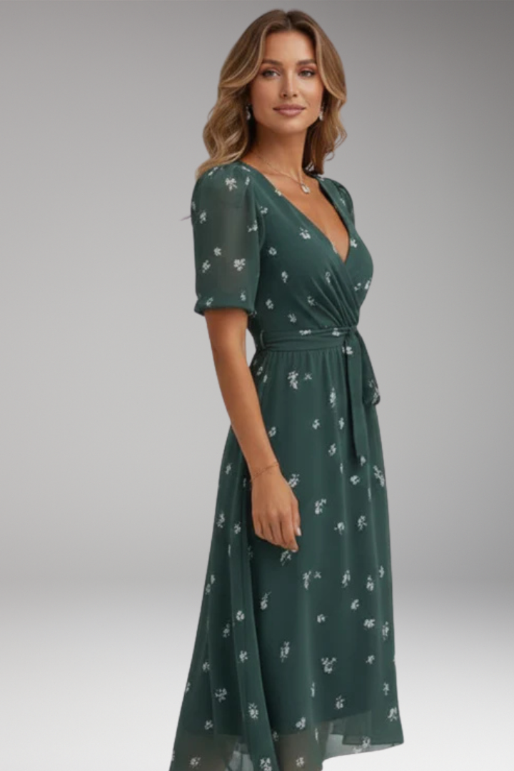Women's Midi Dress with V Neck and Waist Tie
