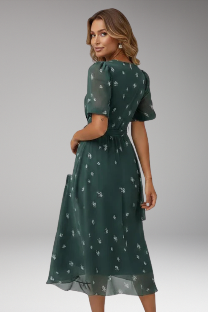 Women's Midi Dress with V Neck and Waist Tie