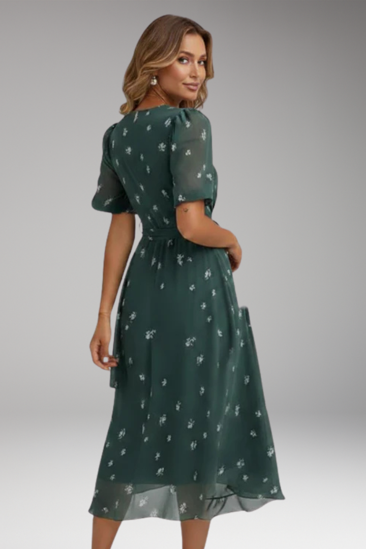 Women's Midi Dress with V Neck and Waist Tie