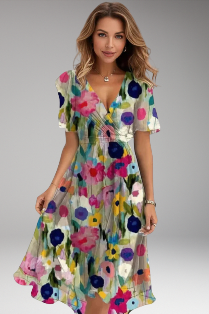 Women's Midi Dress with V Neck and Waist Tie