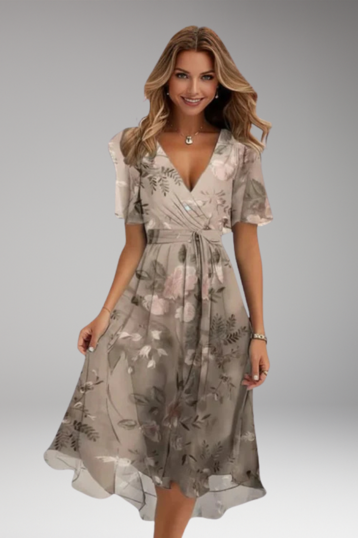 Women's Midi Dress with V Neck and Waist Tie