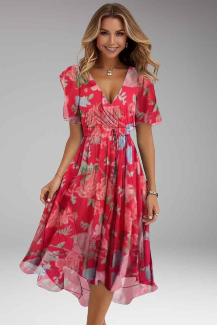 Women's Midi Dress with V Neck and Waist Tie